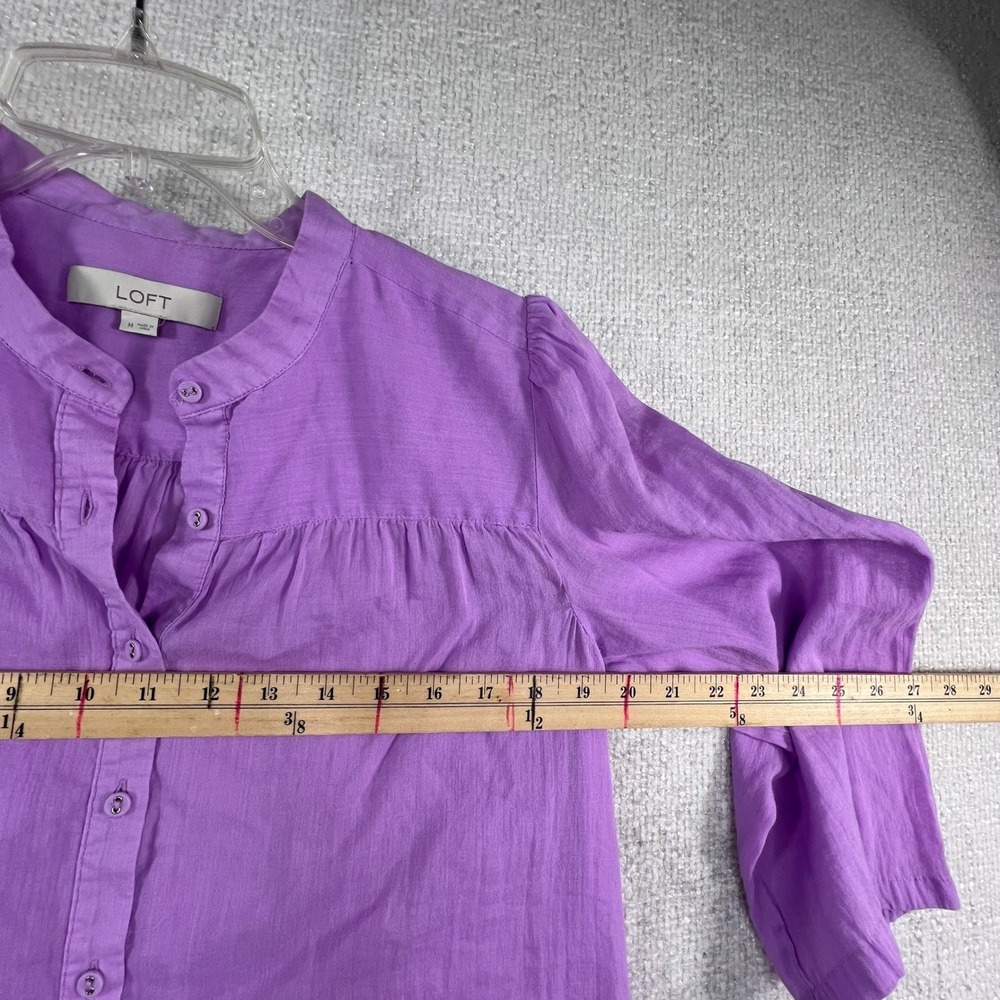 LOFT Purple Band Collar Button Down Blouse 3/4 Sleeve Pleated Yoke Size M - Picture 6 of 10